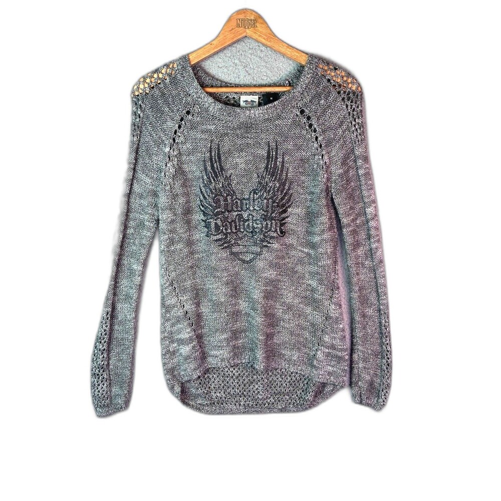 Harley Davidson Sweater Medium Gray High Low Open Knit Logo Cotton Blend